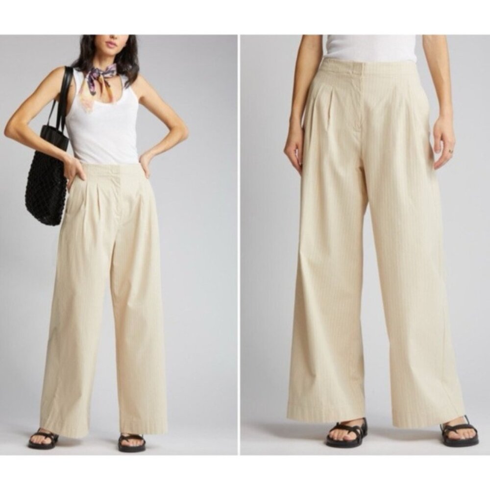 Treasure & Bond Pants 4 Wide Leg Pinstripe Tan Cotton Washable NEW Nordstrom